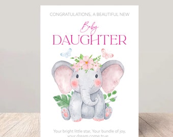 New Baby Girl Greeting Card - Cute Elephant Illustration - Congratulations - 5x7 Sustainable Card Stock