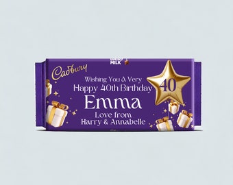 Personalised 40th Birthday Gift Cadbury Dairy Milk Bar, Custom Happy Birthday Chocolate, Sweet 40 Celebration, Name & Message