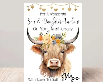 Highland Cow Son & Daughter-in-law Anniversary Card - Happy Anniversary to Both of Moo