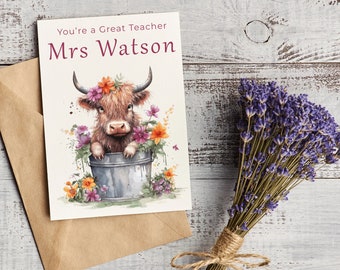 Highland Beauty: Customised 'Thank You Teacher' Card Featuring a Charming Highland Cow