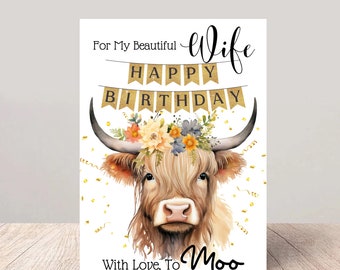 Wife Birthday Card Highland Cow - With Love to Moo