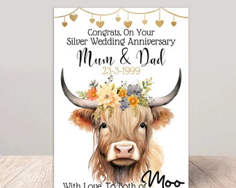 Personalised Silver Wedding Anniversary Card for Mum and Dad - Highland Cow