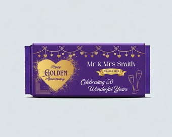 Personalised Golden Anniversary Chocolate Wrapper - Custom Wrappers for Cadbury Dairy Milk Fruit & Nut, Wholenut - Keepsake Gift