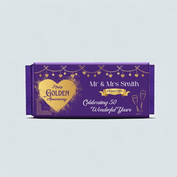 Personalised Golden Anniversary Chocolate Wrapper - Custom Wrappers for Cadbury Dairy Milk Fruit & Nut, Wholenut - Keepsake Gift