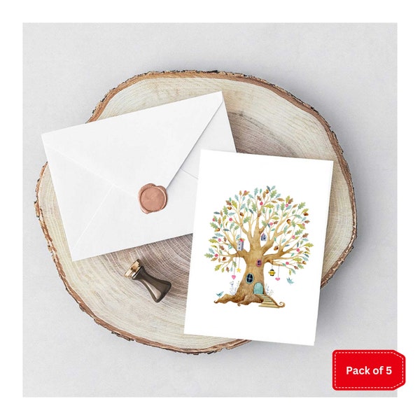 Pack of 5 Cute Notelet Cards with Envelopes - Magic Tree Artwork - Blank Inside - A6 Size