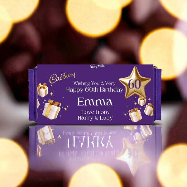 60th Birthday Personalised Dairy Milk Chocolate Bar Custom Wrapper with Name and Message, Available in 110g and 180g Bars