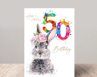 Fabulous 50th Birthday Card Floral Hare