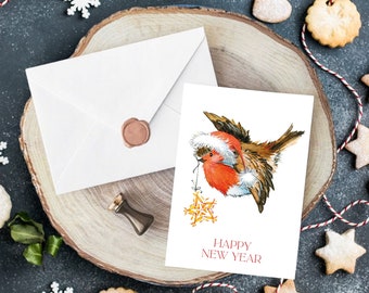 A6 Robin New Year Cards - Pack of 5 with Envelopes, Sustainable and Eco-Friendly, Premium Card Stock, Festive Bird Theme