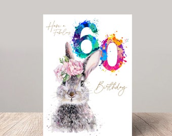 60th Birthday Card for her Floral Hare