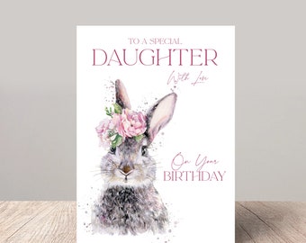 Unique Daughter Birthday Card - Floral Wildlife Hare Design, Handcrafted Greeting, Personalised Celebration Keepsake