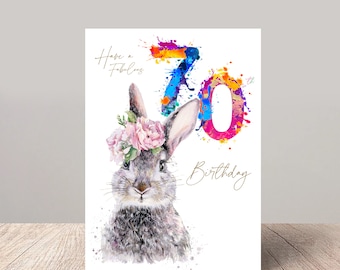 Fabulous 70th Birthday Card Floral Hare