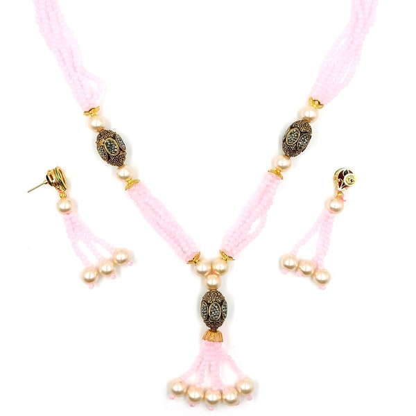 Long Mala Beads Necklace for Women, Jewellery Set Made Of Hydro-Beads, Pearls, AD, with Kundan, Back-Meenakari Earrings - Pink color