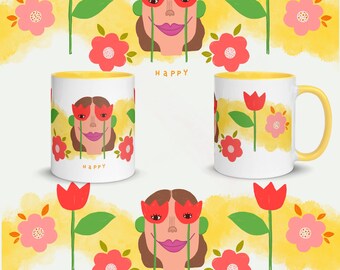 Taza de cerámica ilustrada “Happy Tulips” | Interior de color amarillo | Diseño floral hecho a mano