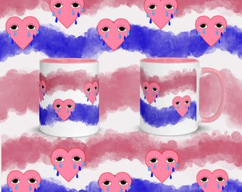 „Emo Hearts“ Illustrierte Keramiktasse | Rosafarbener Innenraum | Handgefertigtes Design mit rosa Herzen