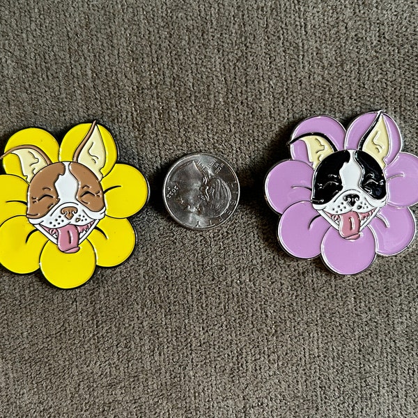 Boston Terrier themed lapel pin in flower blossom