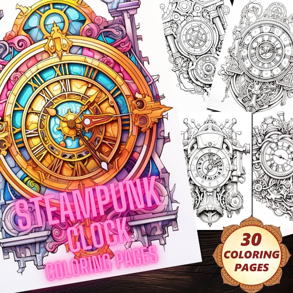 The Magic of Time: Digital Steampunk Clock Themed Coloring Pages | Coloring Pages | Printable Digital Coloring Pages