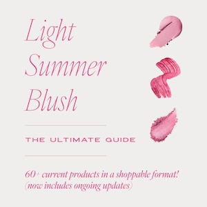 May include: A digital guide titled Light Summer Blush The Ultimate Guide by The Refined Wardrobe. The document features three distinct pink cosmetic swatches in varying textures and shades, including a smooth cream, a ribbed texture, and a powder.