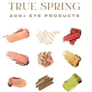 Könnte beinhalten: Farbmuster verschiedener Augen-Make-up-Produkte, darunter Lidschatten, Eyeliner und Augenbrauenprodukte. Der Text "TRUE SPRING 200+ EYE PRODUCTS" wird über den Farbmustern angezeigt.