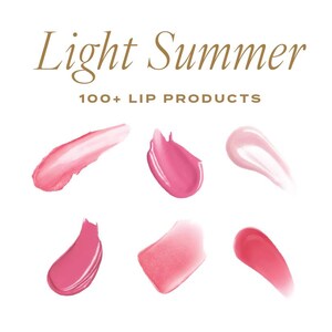 May include: The text Light Summer 100+ LIP PRODUCTS is displayed above six distinct cosmetic lip product swatches. These swatches feature various shades of pink, ranging from soft pastel and sheer light pink to vibrant rose and deep berry tones.