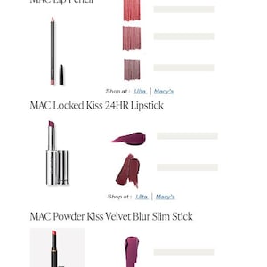 Puede incluir: Una selecci&oacute;n de productos de maquillaje MAC, que incluyen un l&aacute;piz labial, un labial de 24 horas y un l&aacute;piz labial difuminado de terciopelo. Los productos se muestran en varios tonos de rojo y morado.