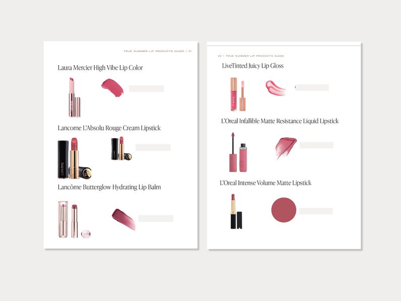 May include: A product guide featuring various lip products, including lipsticks and lip glosses. The guide showcases products from brands like Laura Mercier, Lancome, and L'Oreal, with swatches of different shades. The layout is clean and organized on a white background.