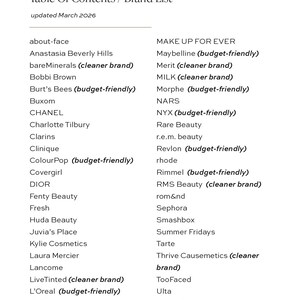 May include: A white page titled "Table Of Contents / Brand List" with a list of beauty brands. The text is black and organized in two columns. The guide is for true summer lip products and was updated in March 2026.