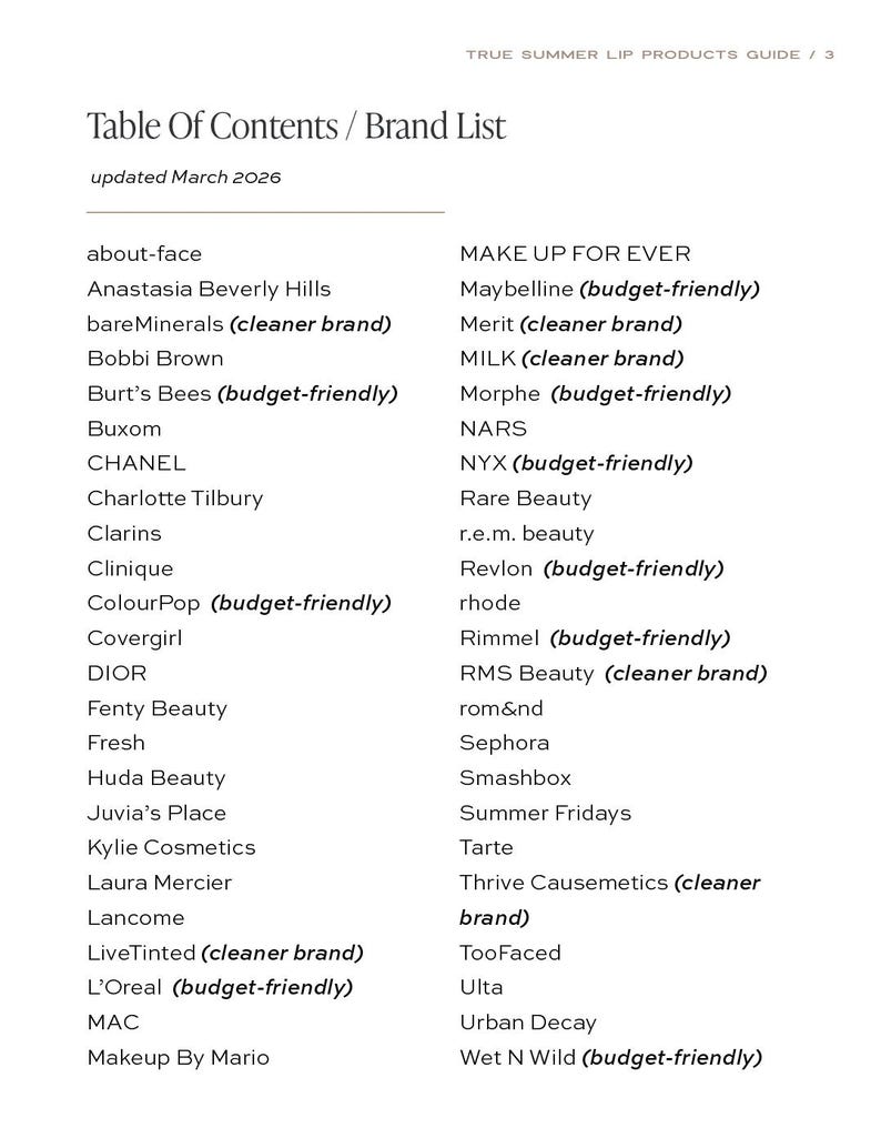 May include: A white page titled "Table Of Contents / Brand List" with a list of beauty brands. The text is black and organized in two columns. The guide is for true summer lip products and was updated in March 2026.