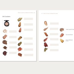 May include: A product guide showcasing MAC eyeshadows and lip products. The guide displays swatches of various shades, including browns, greens, and golds, alongside a compact eyeshadow. Text includes "True Autumn Lip Products Guide".
