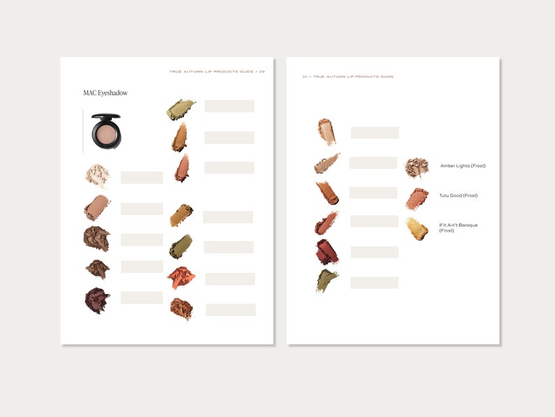 May include: A product guide showcasing MAC eyeshadows and lip products. The guide displays swatches of various shades, including browns, greens, and golds, alongside a compact eyeshadow. Text includes "True Autumn Lip Products Guide".