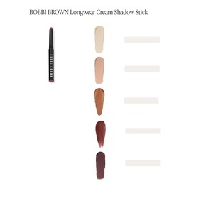 May include: A Bobbi Brown Longwear Cream Shadow Stick and swatches in various shades. The black stick is displayed next to four colour swatches: light beige, medium beige, bronze, deep red, and dark purple. The text "TRUE AUTUMN LIP PRODUCTS GUIDE / 7" is at the top.