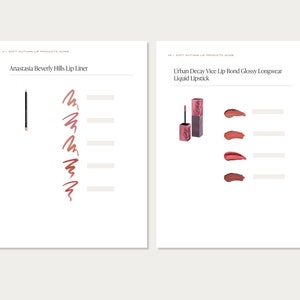 May include: Two makeup product swatches. On the left, a brown lip liner pencil. On the right, a pink and brown liquid lipstick with a glossy finish. Both products are shown with a variety of colour swatches.