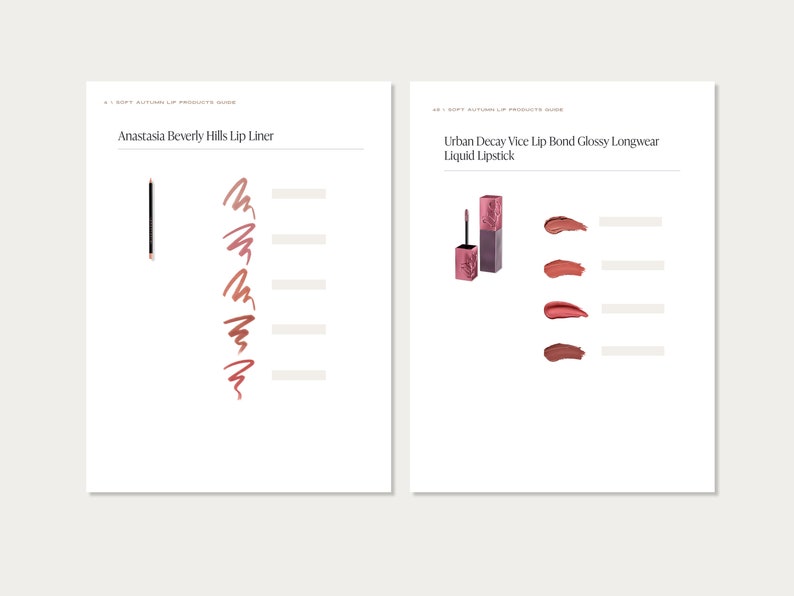 May include: Two makeup product swatches. On the left, a brown lip liner pencil. On the right, a pink and brown liquid lipstick with a glossy finish. Both products are shown with a variety of colour swatches.
