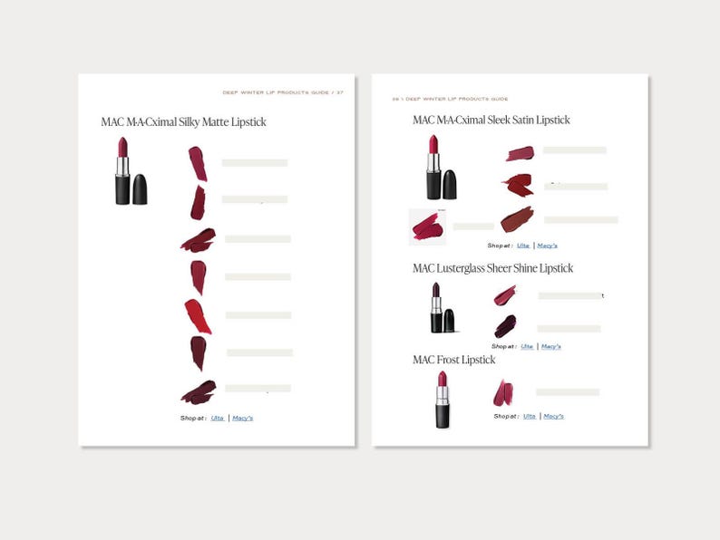 Puede incluir: Un gr&aacute;fico que muestra diferentes tonos de l&aacute;piz labial MAC. El gr&aacute;fico est&aacute; dividido en cuatro secciones: MAC MACximal Silky Matte Lipstick, MAC MA-Cximal Sleek Satin Lipstick, MAC Lusterglass Sheer Shine Lipstick y MAC Frost Lipstick. Cada secci&oacute;n muestra un tubo de l&aacute;piz labial y una muestra del color del l&aacute;piz labial.