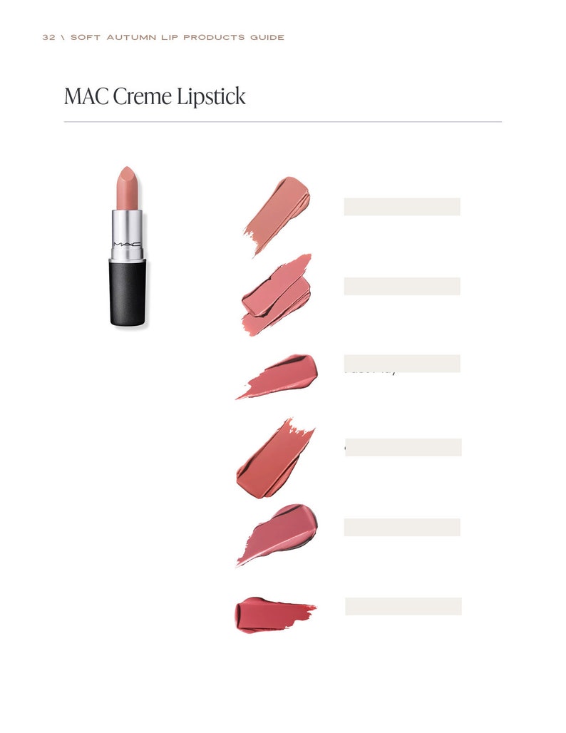 May include: MAC Creme Lipstick in six shades, ranging from light nude to deep rose. The lipstick is shown in a bullet form and as a swatch.