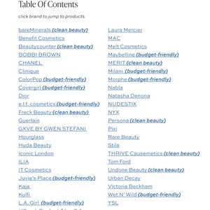 May include: A page from a guide, titled "TRUE AUTUMN LIP PRODUCTS GUIDE / 3", featuring a table of contents. It lists beauty brands such as Chanel, Dior, and Urban Decay. Some brands are noted as "clean beauty" or "budget-friendly", offering a range of options.