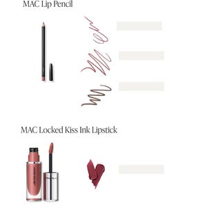 May include: A product guide page featuring MAC lip products. The top section displays a black lip pencil with a cap and swatches. The bottom section shows a lipstick bottle with an applicator and a lipstick swatch.