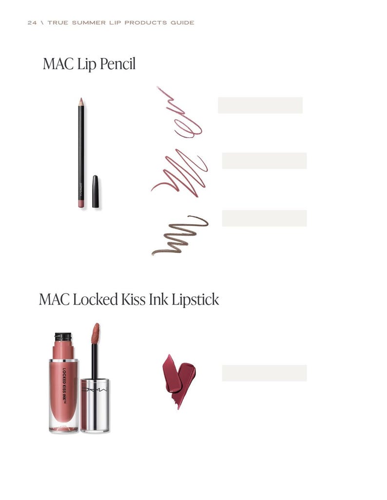 May include: A product guide page featuring MAC lip products. The top section displays a black lip pencil with a cap and swatches. The bottom section shows a lipstick bottle with an applicator and a lipstick swatch.