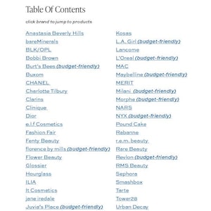 Puede incluir: Una lista de marcas de maquillaje, incluyendo opciones econ&oacute;micas, organizada alfab&eacute;ticamente. La lista incluye marcas como Anastasia Beverly Hills, Fenty Beauty y Juvia's Place.