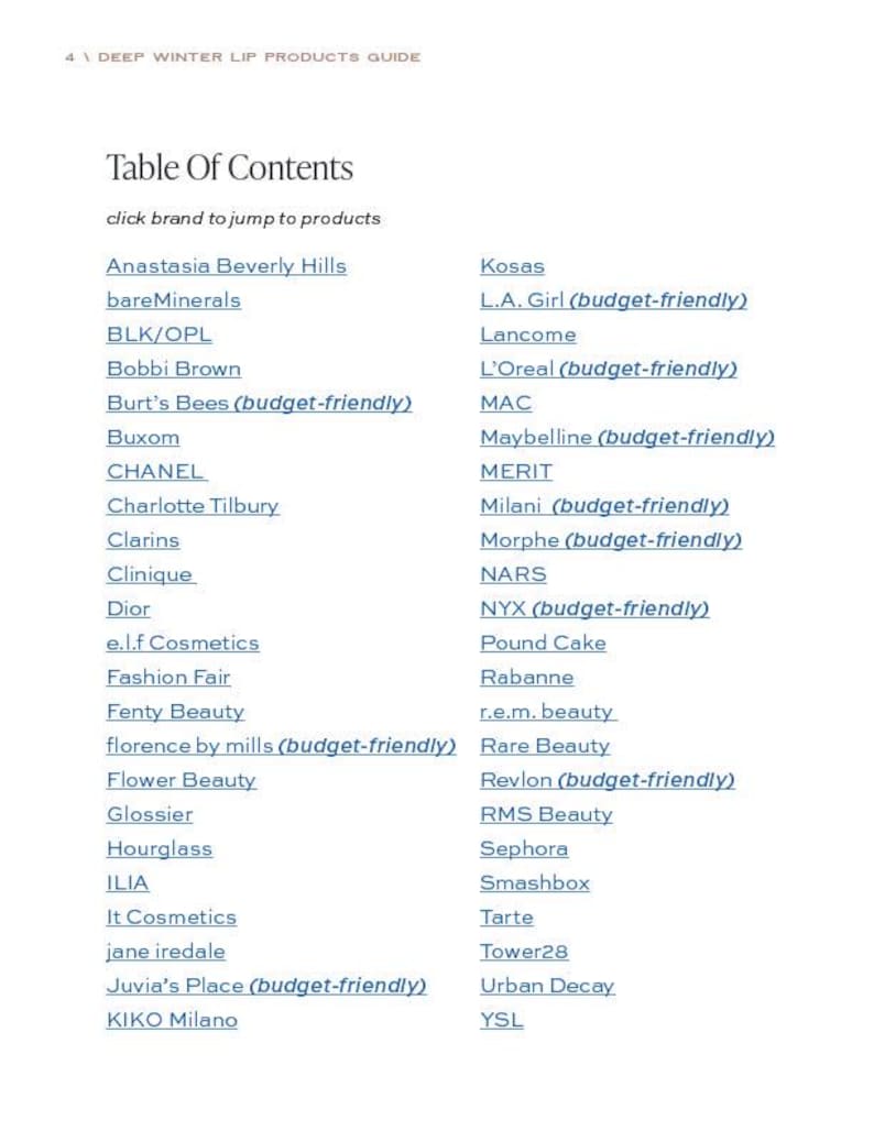 Puede incluir: Una lista de marcas de maquillaje, incluyendo opciones econ&oacute;micas, organizada alfab&eacute;ticamente. La lista incluye marcas como Anastasia Beverly Hills, Fenty Beauty y Juvia's Place.