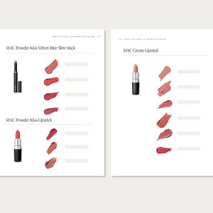 May include: A guide to MAC lipstick shades in the Soft Autumn colour palette. The guide includes swatches of MAC Powder Kiss Velvet Blur Slim Stick, MAC Powder Kiss Lipstick, and MAC Creme Lipstick.