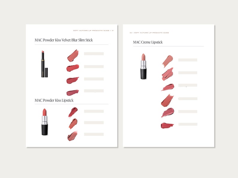 May include: A guide to MAC lipstick shades in the Soft Autumn colour palette. The guide includes swatches of MAC Powder Kiss Velvet Blur Slim Stick, MAC Powder Kiss Lipstick, and MAC Creme Lipstick.