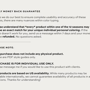 May include: Text on a cream background detailing a 7-day money-back guarantee, product matching information, and a note that the purchase is for PDF style guides only. It also states the products are based on US availability.