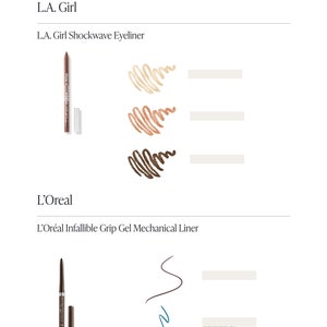 May include: A page from a beauty guide showcasing L.A. Girl and L'Or&eacute;al eyeliners. The L.A. Girl Shockwave Eyeliner is displayed in a brown pencil with colour swatches. The L'Or&eacute;al Infallible Grip Gel Mechanical Liner is also shown with colour swatches.