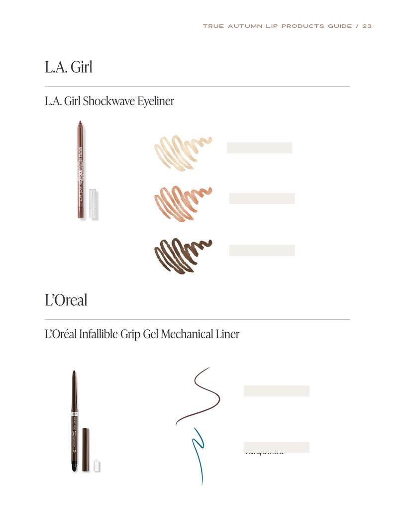 May include: A page from a beauty guide showcasing L.A. Girl and L'Or&eacute;al eyeliners. The L.A. Girl Shockwave Eyeliner is displayed in a brown pencil with colour swatches. The L'Or&eacute;al Infallible Grip Gel Mechanical Liner is also shown with colour swatches.