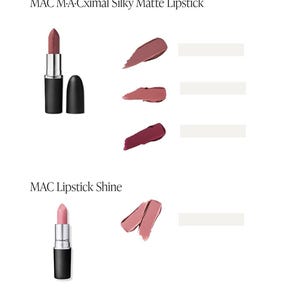 May include: A page from a summer lip products guide featuring MAC lipsticks. The guide showcases MAC M&middot;A&middot;Cximial Silky Matte Lipstick in various shades, along with MAC Lipstick Shine. Swatches of the lipstick colors are displayed next to the products.
