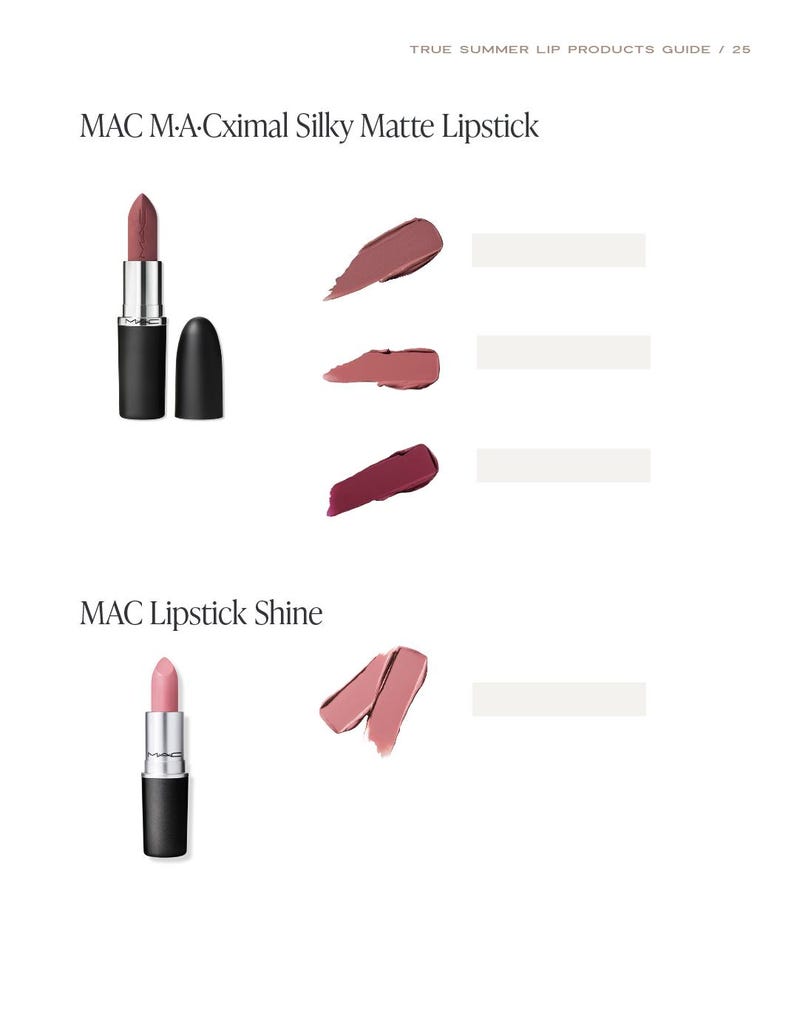 May include: A page from a summer lip products guide featuring MAC lipsticks. The guide showcases MAC M&middot;A&middot;Cximial Silky Matte Lipstick in various shades, along with MAC Lipstick Shine. Swatches of the lipstick colors are displayed next to the products.