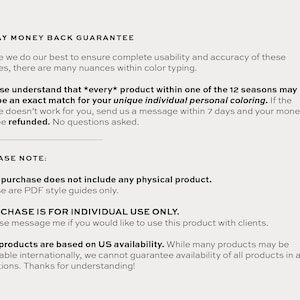 Puede incluir: Gu&iacute;a de texto que explica una garant&iacute;a de devoluci&oacute;n de dinero de 7 d&iacute;as para un producto digital. La gu&iacute;a establece que el producto es para uso individual &uacute;nicamente y no incluye ning&uacute;n producto f&iacute;sico. Tambi&eacute;n menciona que el producto se basa en la disponibilidad en los Estados Unidos.