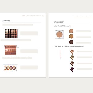 May include: A product guide page showcasing Morphe and Urban Decay makeup. Morphe displays eyeshadow palettes in diverse shades. Urban Decay features eyeshadow and eyeliner, with colour swatches. The text "TRUE AUTUMN LIP PRODUCTS GUIDE" is visible.