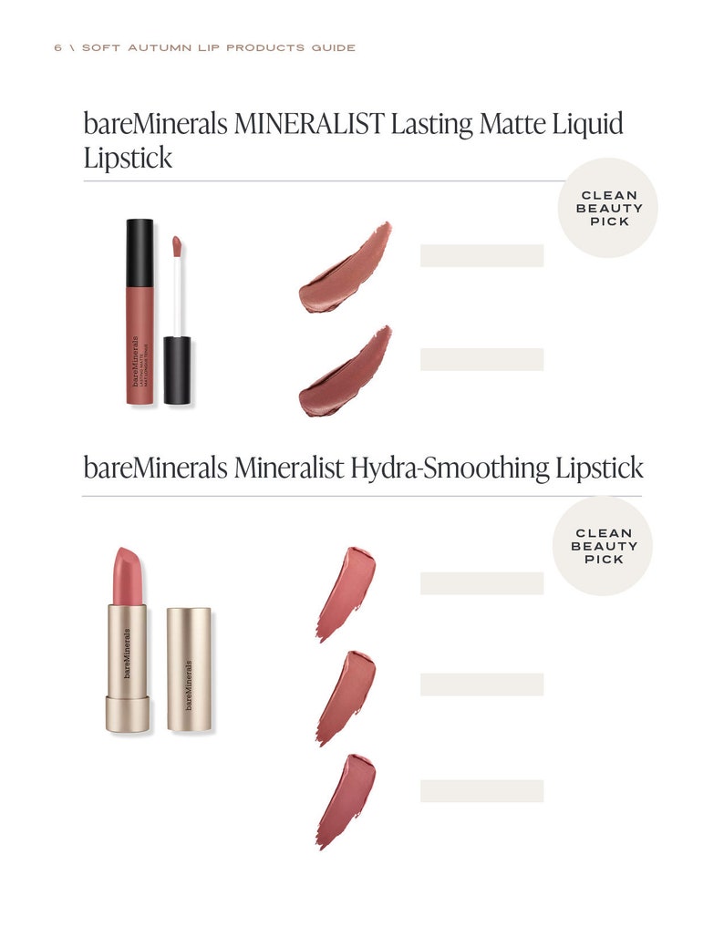 May include: Two different types of bareMinerals lipsticks. The top image shows a liquid lipstick with a doe-foot applicator and a nude pink colour. The bottom image shows a lipstick bullet with a gold tube and a nude pink colour. Both lipsticks are labelled as "Clean Beauty Pick".