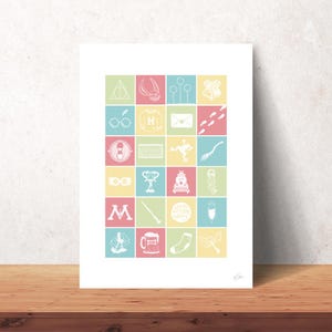 May include: A colorful grid of 25 squares, each containing a white silhouette of a Harry Potter themed icon. The icons include a lightning bolt, glasses, a Hogwarts house crest, a golden snitch, a broomstick, and more.